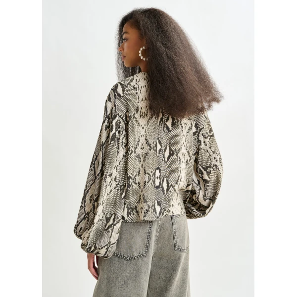 Essentiel Antwerp Green, beige and black top with puffed sleeves and snake print, view 4