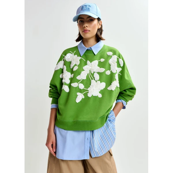 Essentiel Antwerp Green cotton sweatshirt with off-white floral sequin and bead-embellished embroidery Top, view 2