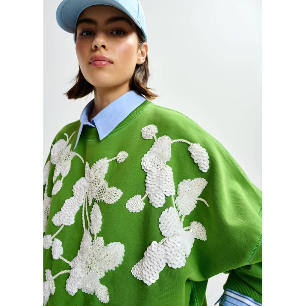 Essentiel Antwerp Green cotton sweatshirt with off-white floral sequin and bead-embellished embroidery Top, view 3