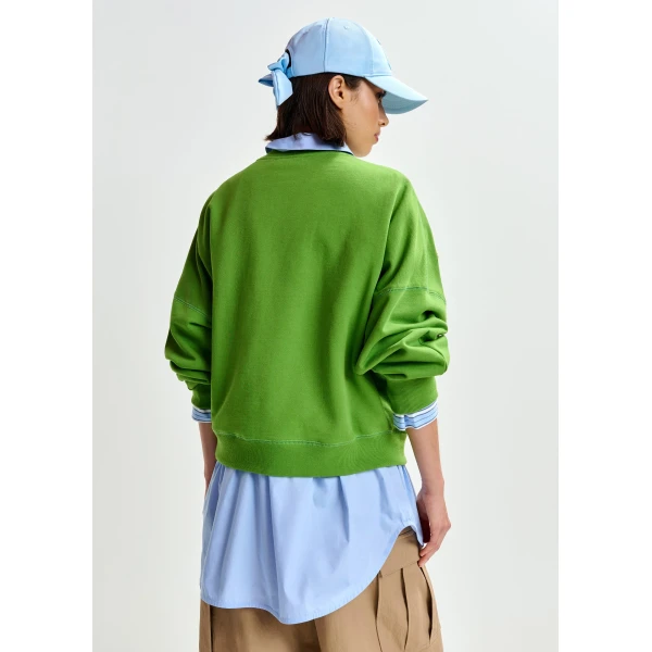 Essentiel Antwerp Green cotton sweatshirt with off-white floral sequin and bead-embellished embroidery Top, view 4