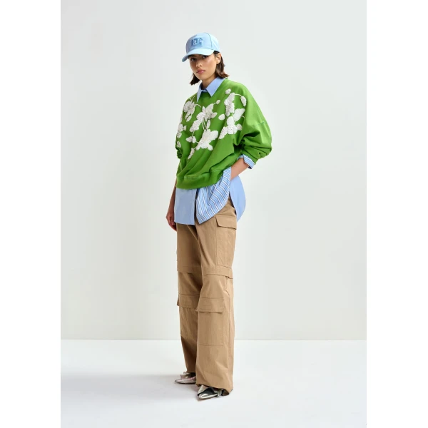 Essentiel Antwerp Green cotton sweatshirt with off-white floral sequin and bead-embellished embroidery Top, view 5