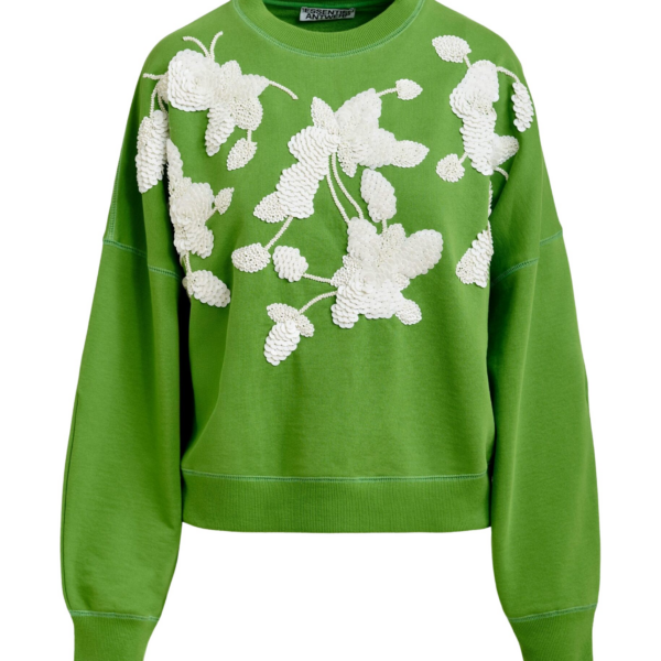 Essentiel Antwerp Green cotton sweatshirt with off-white floral sequin and bead-embellished embroidery - Essentiel Antwerp Shirts - Colorful Belgian Design - Shop at Coveti