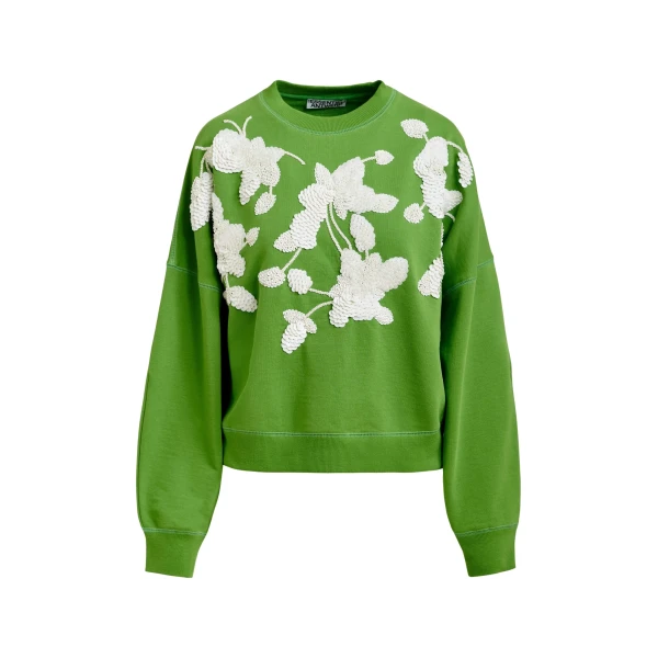 Essentiel Antwerp Green cotton sweatshirt with off-white floral sequin and bead-embellished embroidery - Essentiel Antwerp Shirts - Colorful Belgian Design - Shop at Coveti