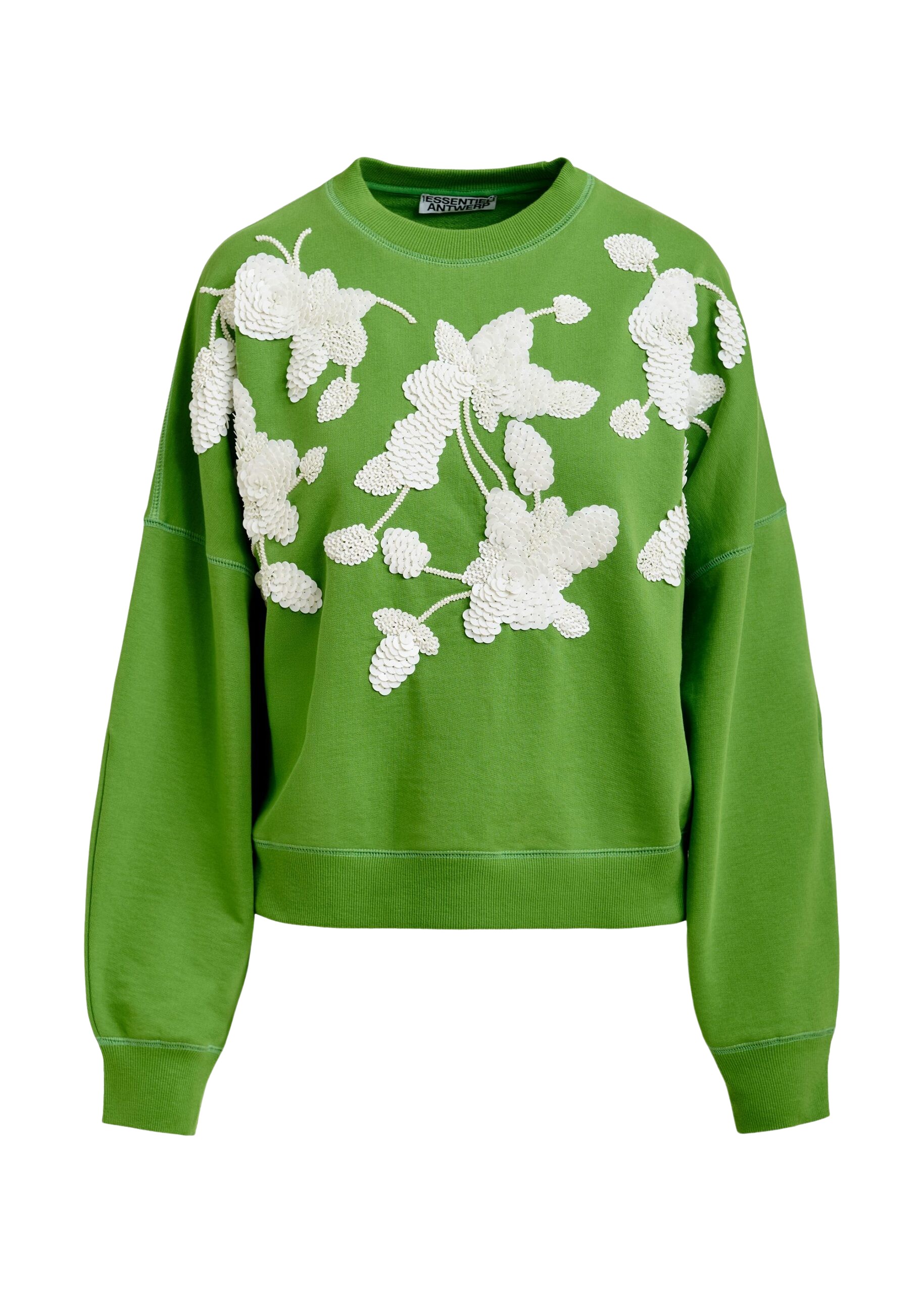 Essentiel Antwerp Green cotton sweatshirt with off-white floral sequin and bead-embellished embroidery - Essentiel Antwerp Shirts - Colorful Belgian Design - Shop at Coveti