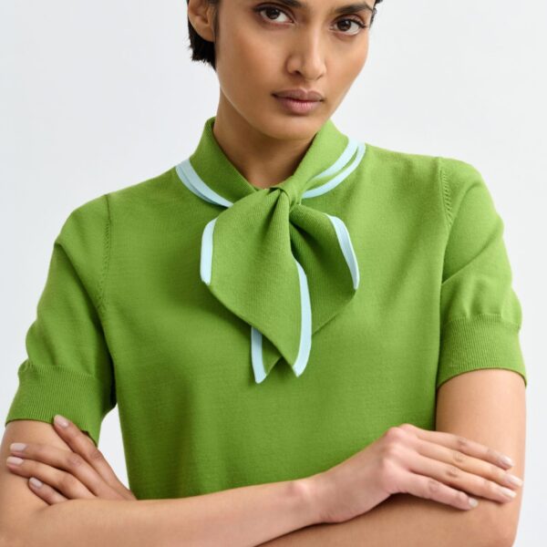Essentiel Antwerp Green fine-knit polo with light blue scarf-like contrast collar - Essentiel Antwerp Tops - Colorful Belgian Design - Shop at Coveti