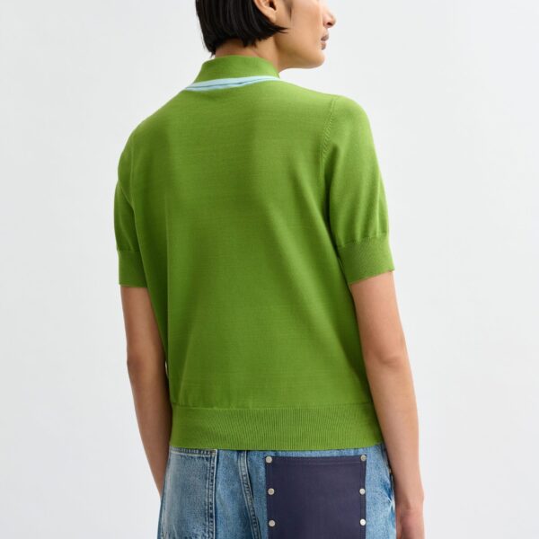 Essentiel Antwerp Green fine-knit polo with light blue scarf-like contrast collar - Essentiel Antwerp Tops - Colorful Belgian Design - Shop at Coveti