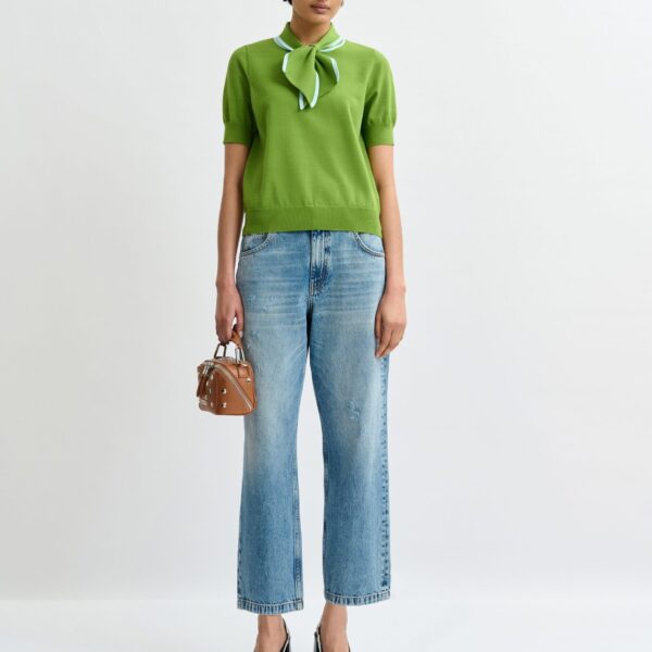 Essentiel Antwerp Green fine-knit polo with light blue scarf-like contrast collar - Essentiel Antwerp Tops - Colorful Belgian Design - Shop at Coveti