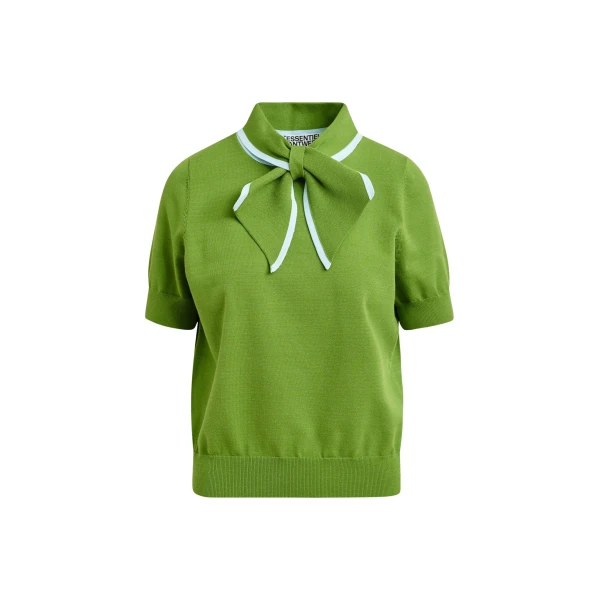 Essentiel Antwerp Green fine-knit polo with light blue scarf-like contrast collar - Essentiel Antwerp Tops - Colorful Belgian Design - Shop at Coveti