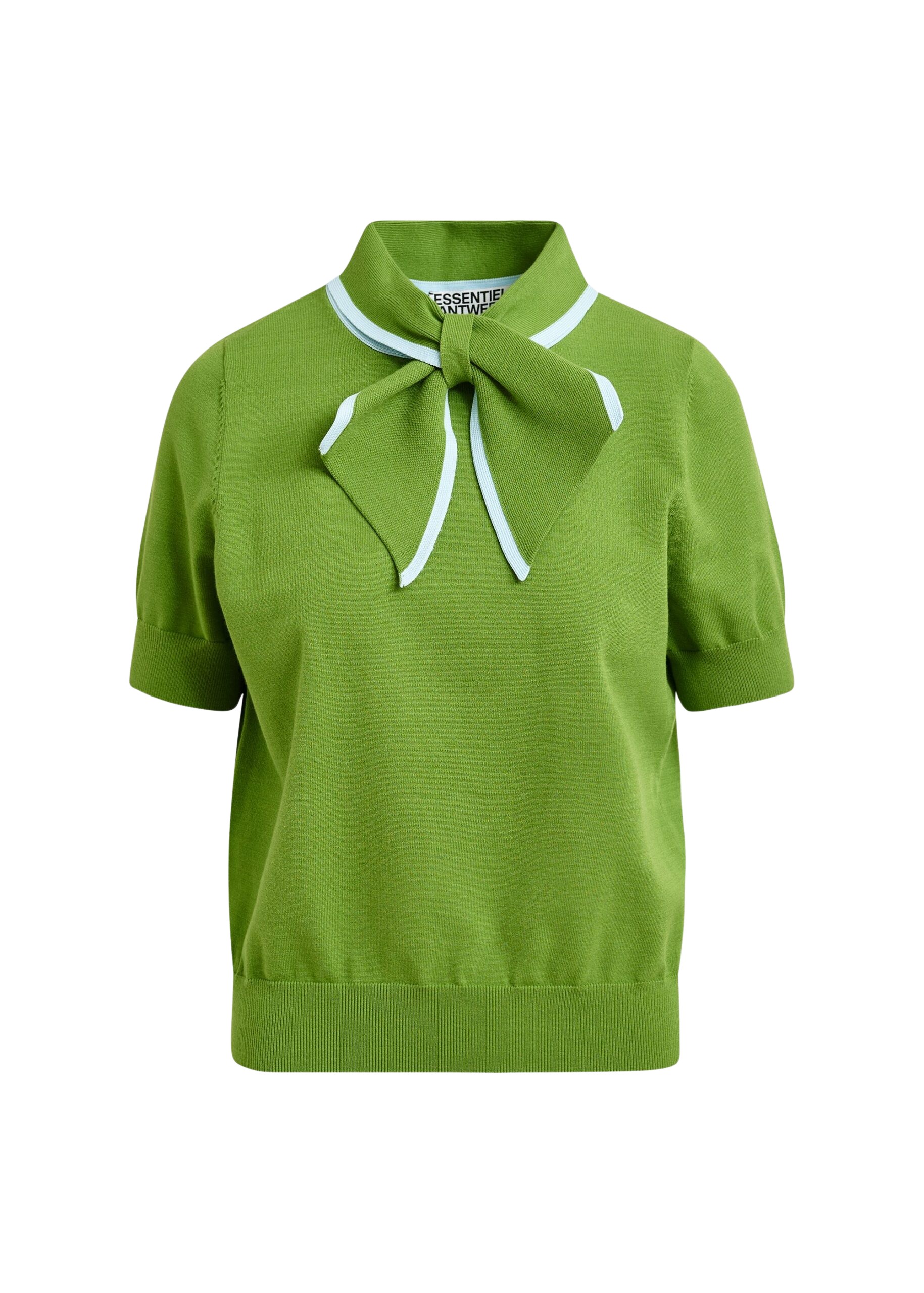 Essentiel Antwerp Green fine-knit polo with light blue scarf-like contrast collar - Essentiel Antwerp Tops - Colorful Belgian Design - Shop at Coveti