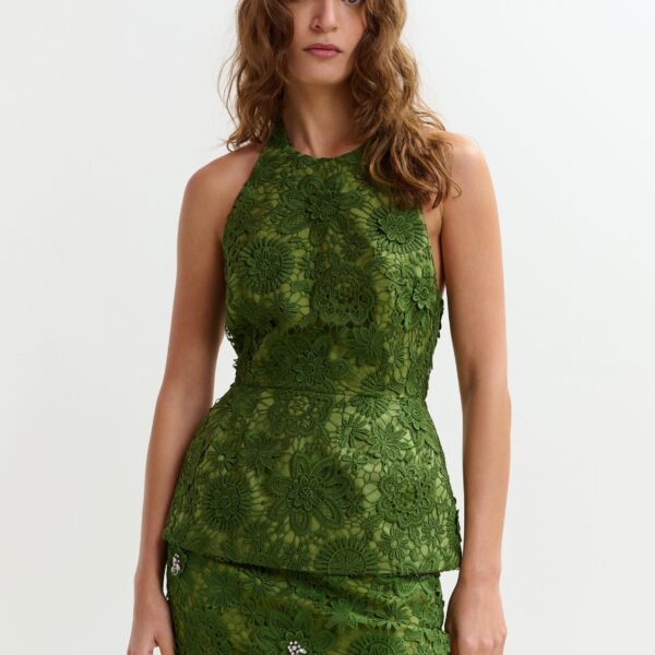 Essentiel Antwerp Green floral lace halter peplum top - Essentiel Antwerp Tops - Colorful Belgian Design - Shop at Coveti