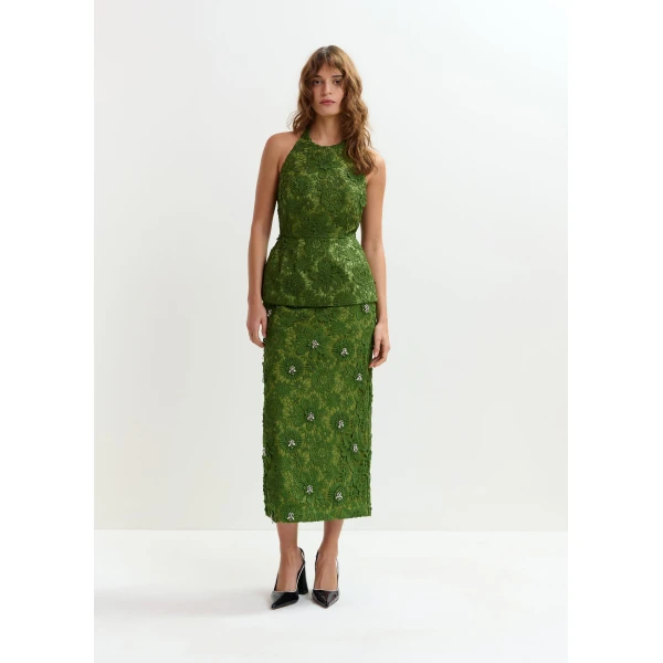 Essentiel Antwerp Green floral lace pencil skirt with rhinestone embellishments, view 2