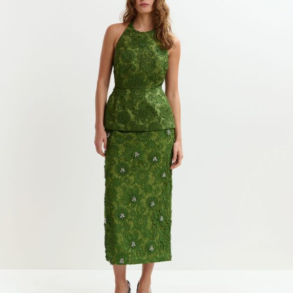 Essentiel Antwerp Green floral lace pencil skirt with rhinestone embellishments - Essentiel Antwerp Skirts - Colorful Belgian Design - Shop at Coveti