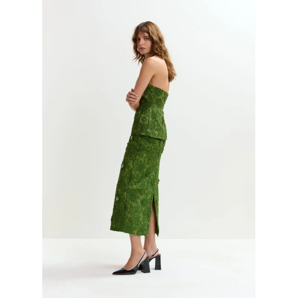 Essentiel Antwerp Green floral lace pencil skirt with rhinestone embellishments, view 3