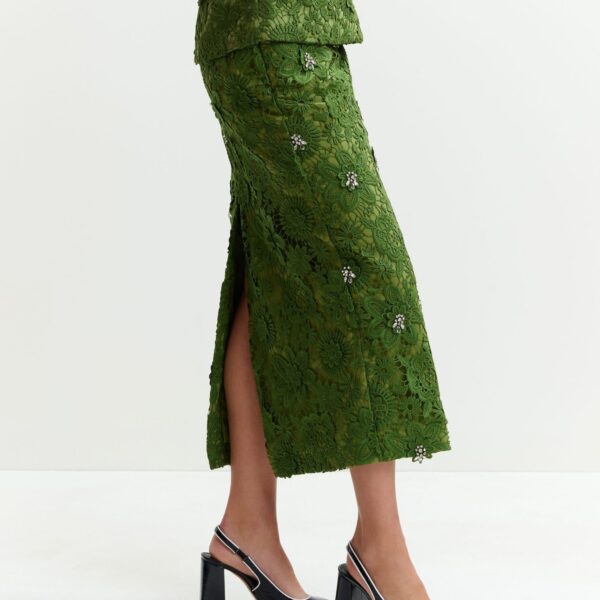 Essentiel Antwerp Green floral lace pencil skirt with rhinestone embellishments - Essentiel Antwerp Skirts - Colorful Belgian Design - Shop at Coveti