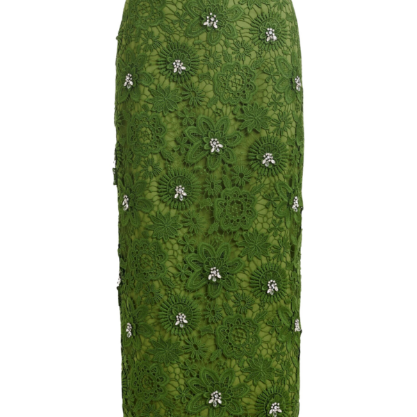Essentiel Antwerp Green floral lace pencil skirt with rhinestone embellishments - Essentiel Antwerp Skirts - Colorful Belgian Design - Shop at Coveti