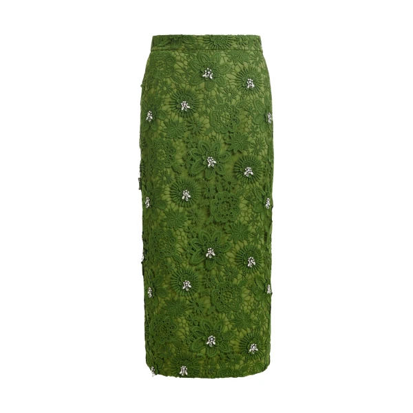 Essentiel Antwerp Green floral lace pencil skirt with rhinestone embellishments - Essentiel Antwerp Skirts - Colorful Belgian Design - Shop at Coveti