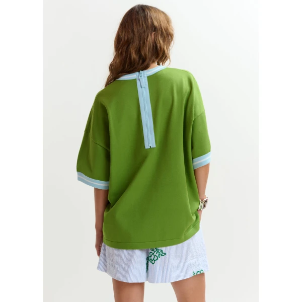 Essentiel Antwerp Green knit T-shirt with light blue contrasting trim, view 3