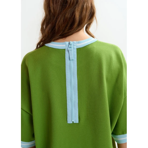 Essentiel Antwerp Green knit T-shirt with light blue contrasting trim, view 4