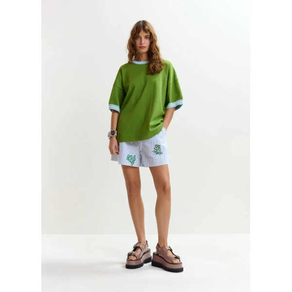 Essentiel Antwerp Green knit T-shirt with light blue contrasting trim, view 5