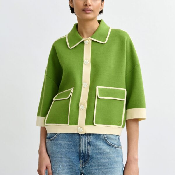 Essentiel Antwerp Green knit cardigan with flower buttons and off-white contrasting trims - Essentiel Antwerp Knitwear - Colorful Belgian Design - Shop at Coveti