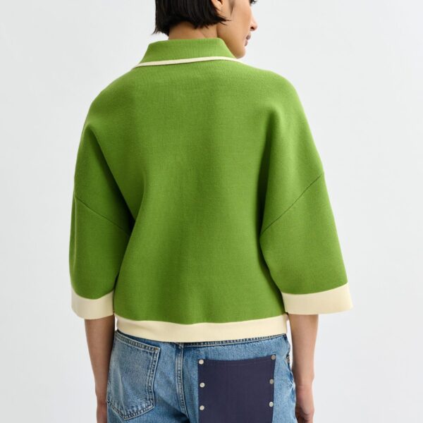 Essentiel Antwerp Green knit cardigan with flower buttons and off-white contrasting trims - Essentiel Antwerp Knitwear - Colorful Belgian Design - Shop at Coveti