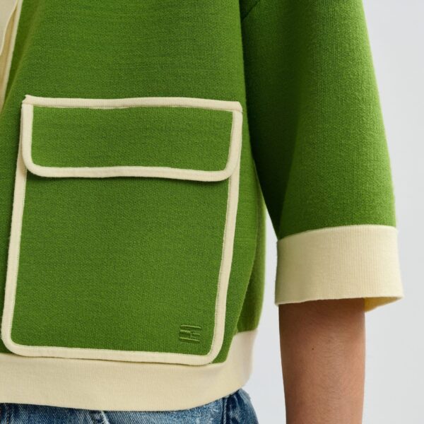 Essentiel Antwerp Green knit cardigan with flower buttons and off-white contrasting trims - Essentiel Antwerp Knitwear - Colorful Belgian Design - Shop at Coveti