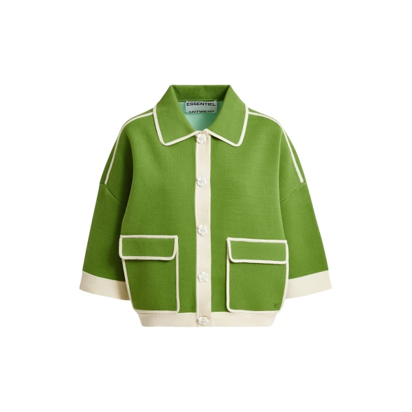 Essentiel Antwerp Green knit cardigan with flower buttons and off-white contrasting trims - Essentiel Antwerp Knitwear - Colorful Belgian Design - Shop at Coveti