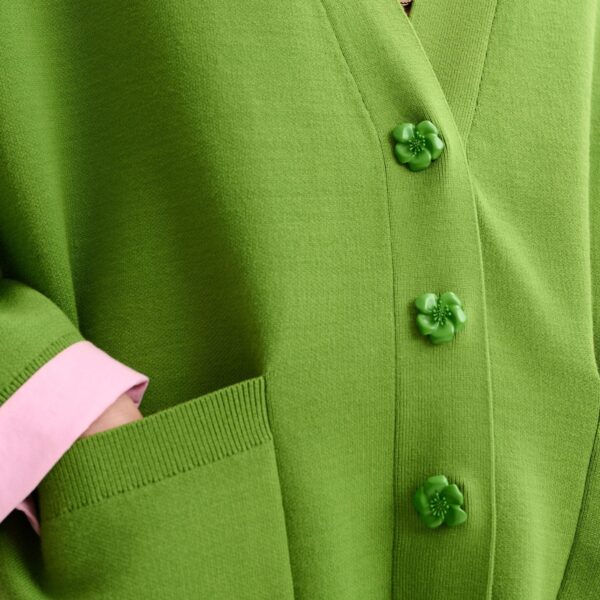 Essentiel Antwerp Green knit cardigan with tonal flower buttons - Essentiel Antwerp Knitwear - Colorful Belgian Design - Shop at Coveti