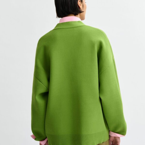 Essentiel Antwerp Green knit cardigan with tonal flower buttons - Essentiel Antwerp Knitwear - Colorful Belgian Design - Shop at Coveti