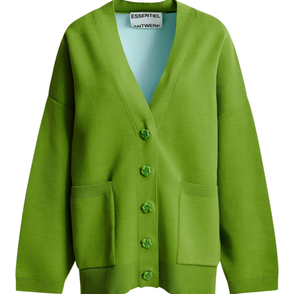 Essentiel Antwerp Green knit cardigan with tonal flower buttons - Essentiel Antwerp Knitwear - Colorful Belgian Design - Shop at Coveti