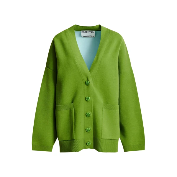 Essentiel Antwerp Green knit cardigan with tonal flower buttons - Essentiel Antwerp Knitwear - Colorful Belgian Design - Shop at Coveti