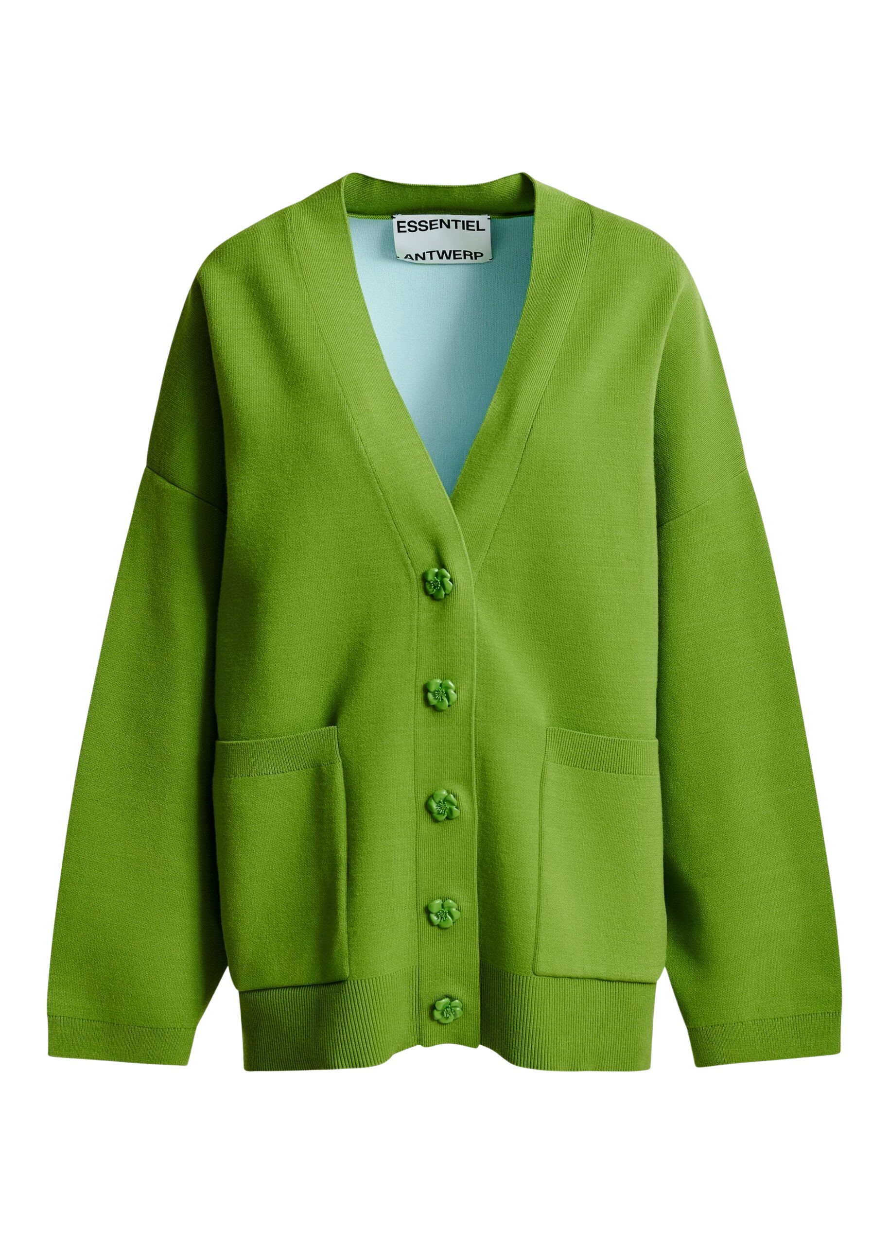 Essentiel Antwerp Green knit cardigan with tonal flower buttons - Essentiel Antwerp Knitwear - Colorful Belgian Design - Shop at Coveti