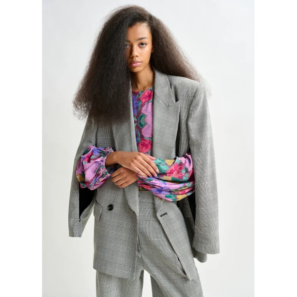 Essentiel Antwerp Grey and black double-breasted blazer with underarm zip detail, view 2
