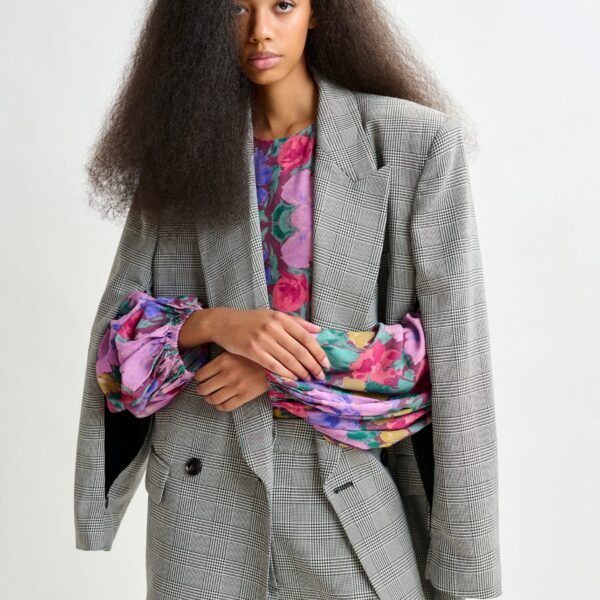 Essentiel Antwerp Grey and black double-breasted blazer with underarm zip detail - Essentiel Antwerp Jackets - Colorful Belgian Design - Shop at Coveti