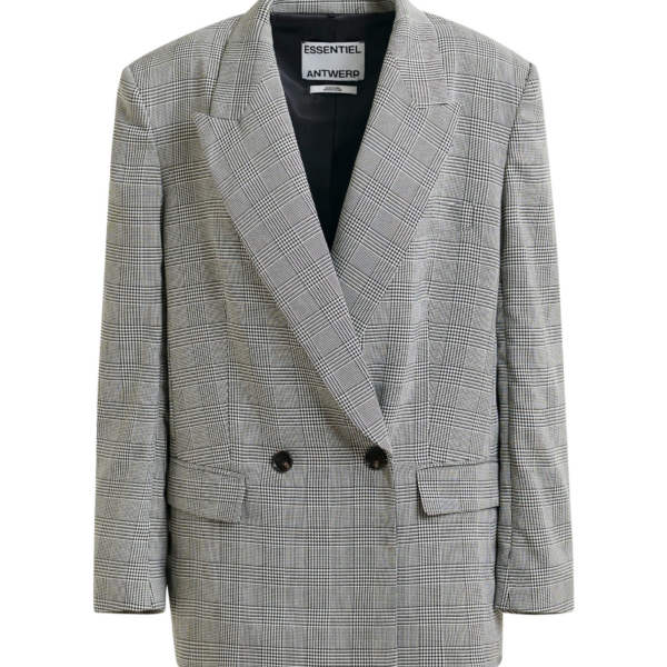 Essentiel Antwerp Grey and black double-breasted blazer with underarm zip detail - Essentiel Antwerp Jackets - Colorful Belgian Design - Shop at Coveti