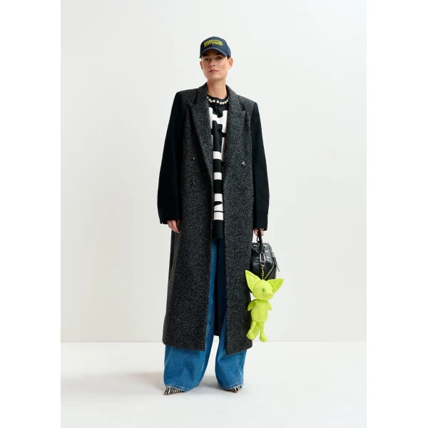 Essentiel Antwerp Grey and black double-breasted coat with constrast sleeves, view 2