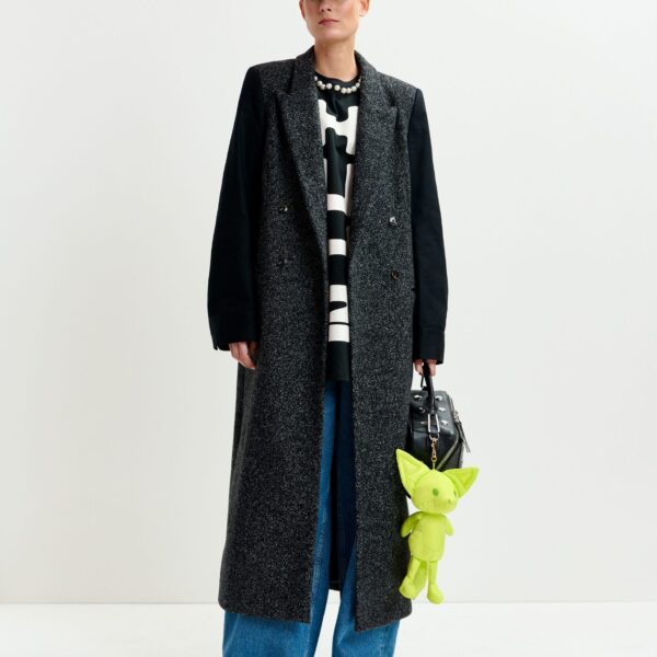Essentiel Antwerp Grey and black double-breasted coat with constrast sleeves - Essentiel Antwerp Coats - Colorful Belgian Design - Shop at Coveti