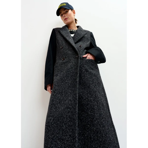 Essentiel Antwerp Grey and black double-breasted coat with constrast sleeves, view 5