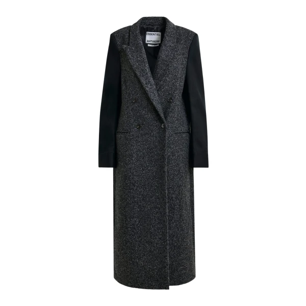 Essentiel Antwerp Grey and black double-breasted coat with constrast sleeves - Essentiel Antwerp Coats - Colorful Belgian Design - Shop at Coveti