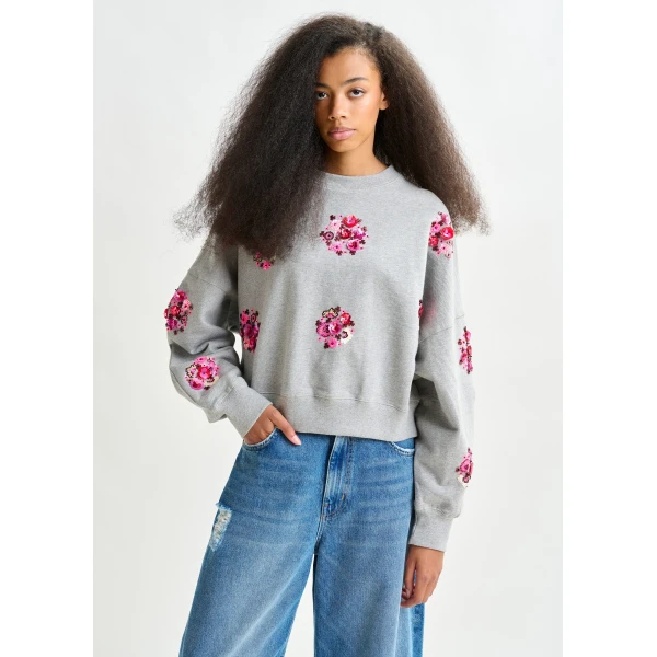 Essentiel Antwerp Grey and multicolor cotton sweatshirt with floral sequin and bead-embellished embroideries Top, view 2