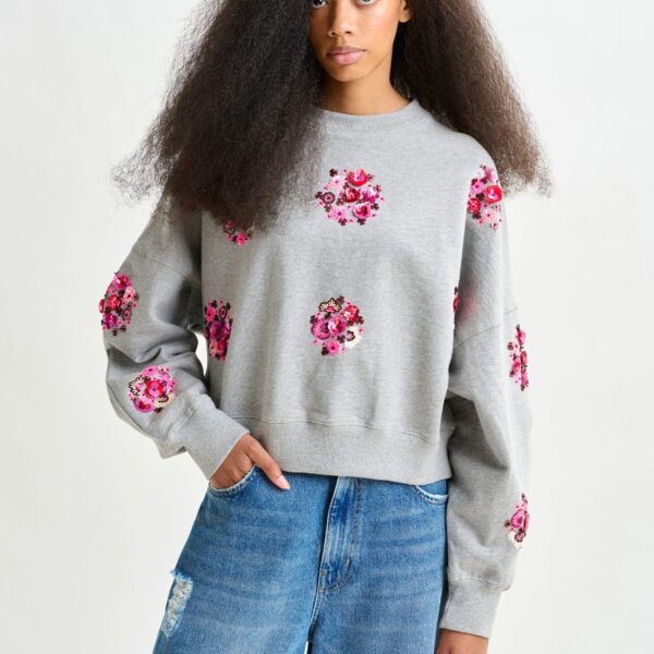 Essentiel Antwerp Grey and multicolor cotton sweatshirt with floral sequin and bead-embellished embroideries - Essentiel Antwerp Shirts - Colorful Belgian Design - Shop at Coveti