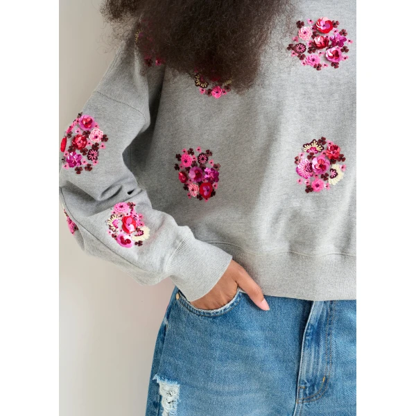 Essentiel Antwerp Grey and multicolor cotton sweatshirt with floral sequin and bead-embellished embroideries Top, view 3