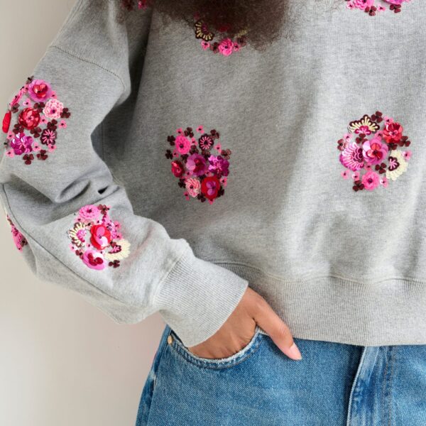 Essentiel Antwerp Grey and multicolor cotton sweatshirt with floral sequin and bead-embellished embroideries - Essentiel Antwerp Shirts - Colorful Belgian Design - Shop at Coveti