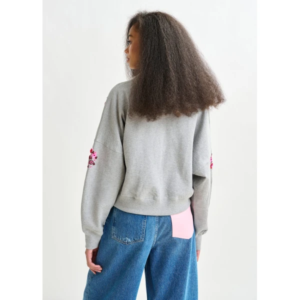 Essentiel Antwerp Grey and multicolor cotton sweatshirt with floral sequin and bead-embellished embroideries Top, view 4