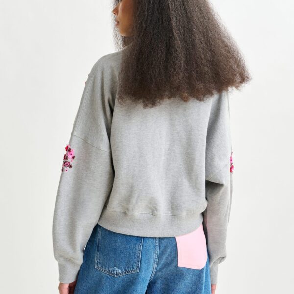 Essentiel Antwerp Grey and multicolor cotton sweatshirt with floral sequin and bead-embellished embroideries - Essentiel Antwerp Shirts - Colorful Belgian Design - Shop at Coveti