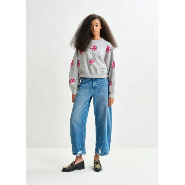 Essentiel Antwerp Grey and multicolor cotton sweatshirt with floral sequin and bead-embellished embroideries Top, view 5