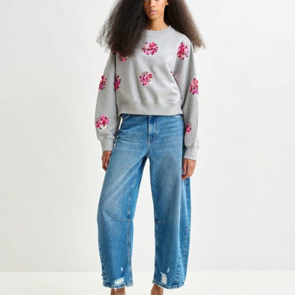 Essentiel Antwerp Grey and multicolor cotton sweatshirt with floral sequin and bead-embellished embroideries - Essentiel Antwerp Shirts - Colorful Belgian Design - Shop at Coveti