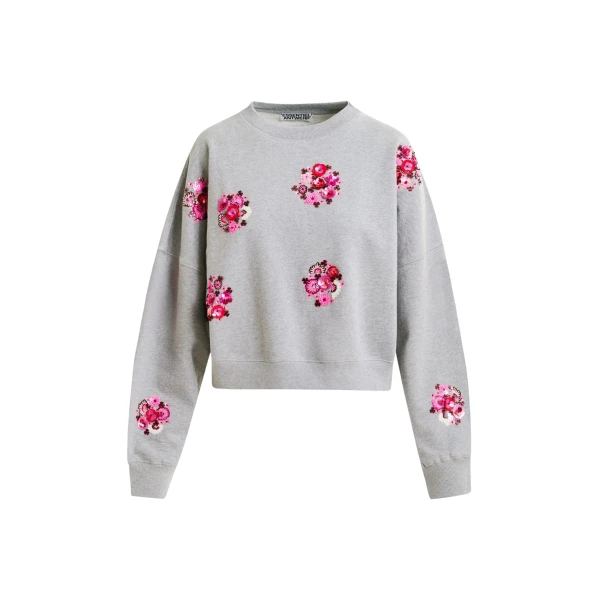 Essentiel Antwerp Grey and multicolor cotton sweatshirt with floral sequin and bead-embellished embroideries - Essentiel Antwerp Shirts - Colorful Belgian Design - Shop at Coveti