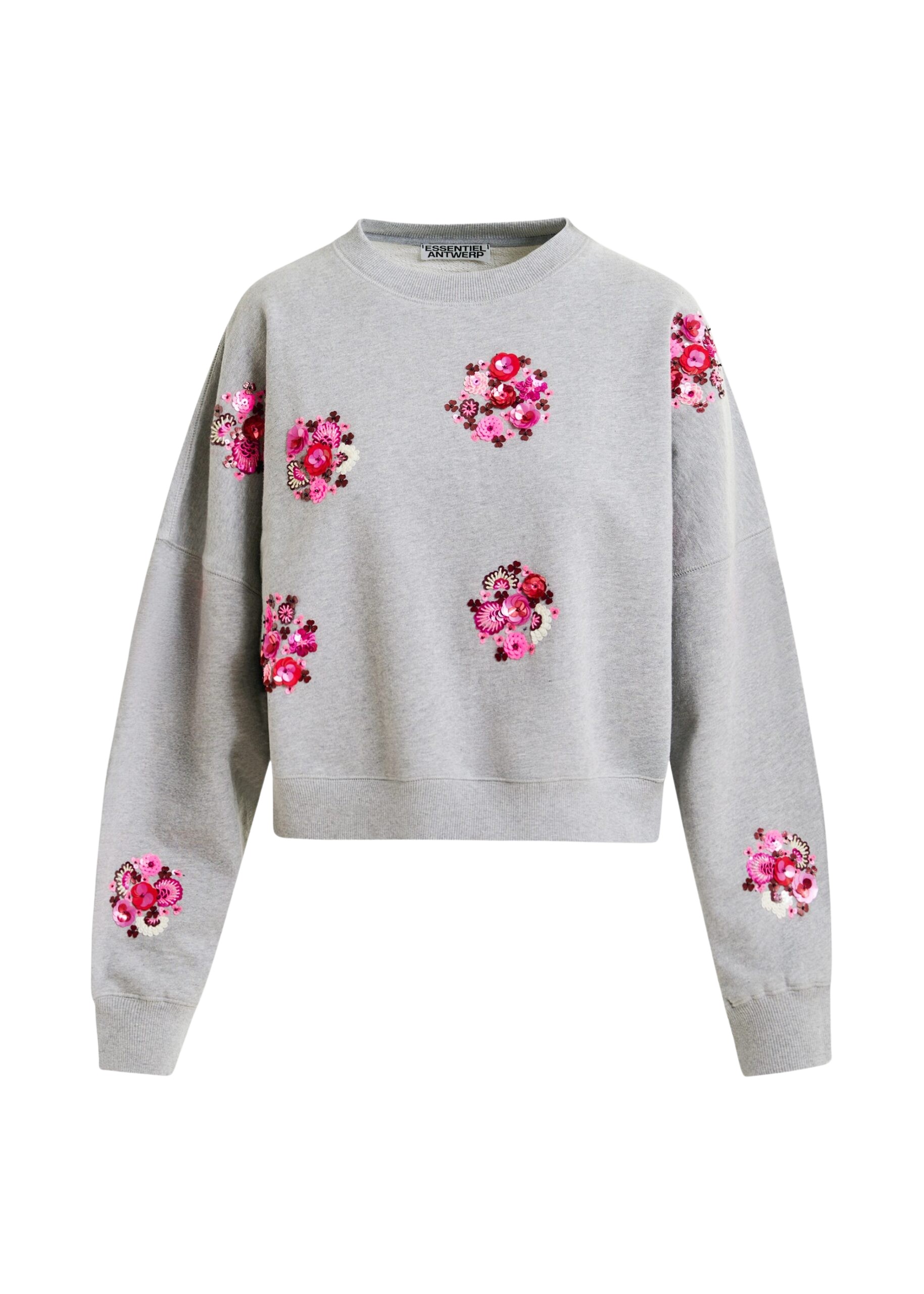 Essentiel Antwerp Grey and multicolor cotton sweatshirt with floral sequin and bead-embellished embroideries - Essentiel Antwerp Shirts - Colorful Belgian Design - Shop at Coveti