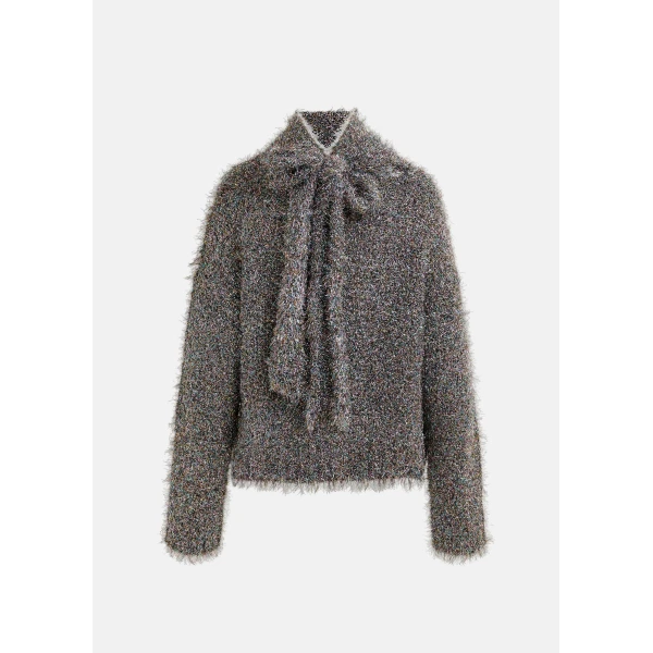 Essentiel Antwerp Grey metallic mock-neck sweater with pussy-bow tie, view 2